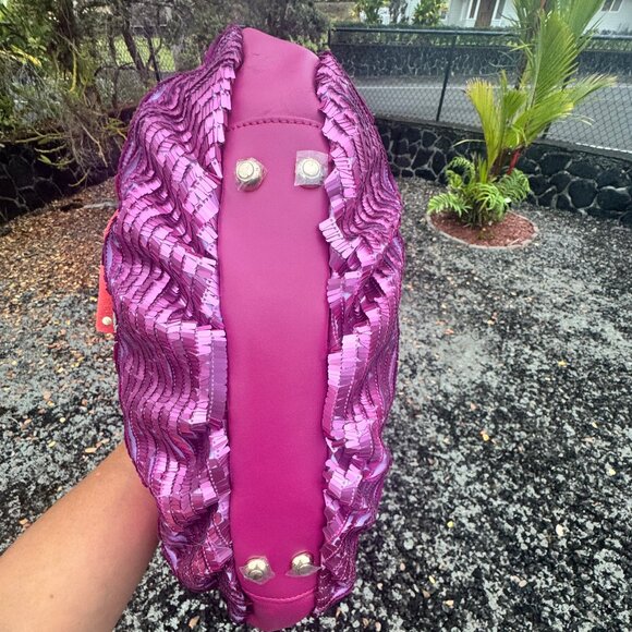 Sharif Designed in New York Pink Leather Sequin Fringe Shoulder Bag Magenta - Picture 12 of 17